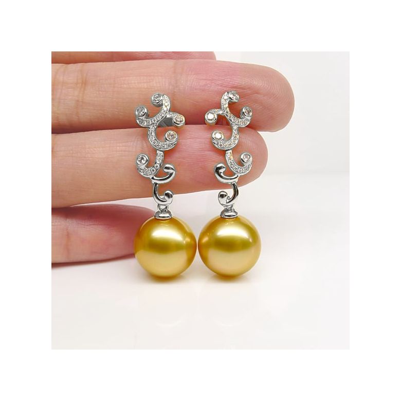 Orecchini Petali - Perle dei Mari del Sud Dorate, Oro Bianco - 2