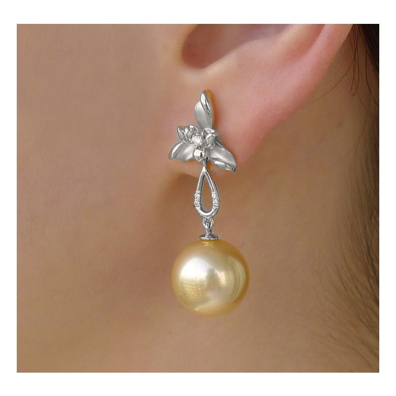 Orecchini Petali - Perle dei Mari del Sud Dorate, Oro Bianco - 9