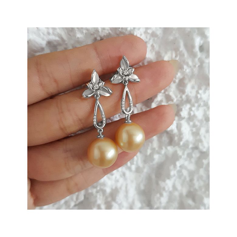 Orecchini Petali - Perle dei Mari del Sud Dorate, Oro Bianco - 4