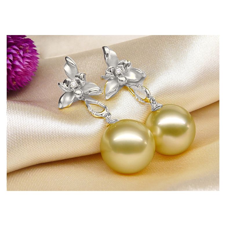 Orecchini Petali - Perle dei Mari del Sud Dorate, Oro Bianco - 3