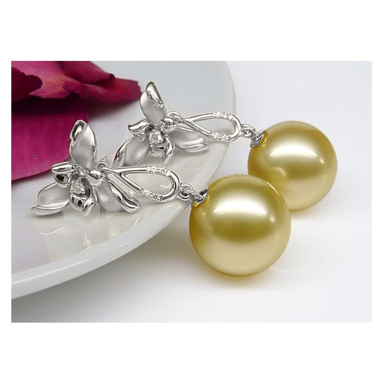 Orecchini Petali - Perle dei Mari del Sud Dorate, Oro Bianco - 2