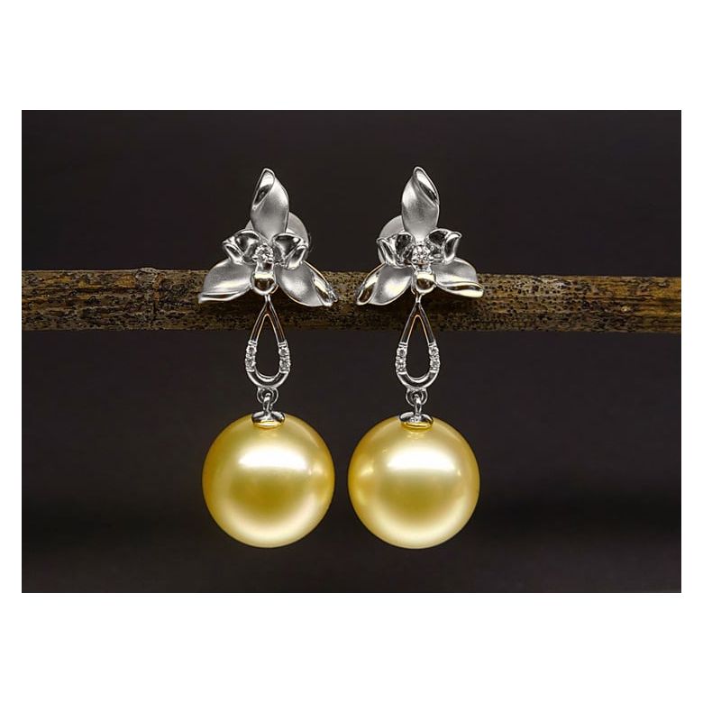 Orecchini Petali - Perle dei Mari del Sud Dorate, Oro Bianco - 5
