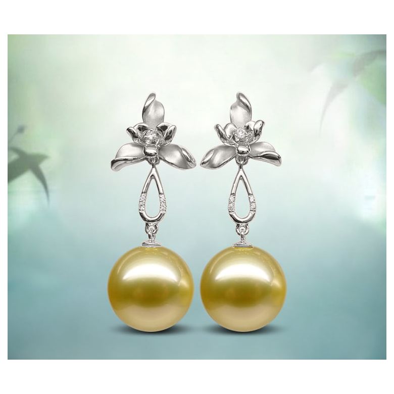 Orecchini Petali - Perle dei Mari del Sud Dorate, Oro Bianco - 8