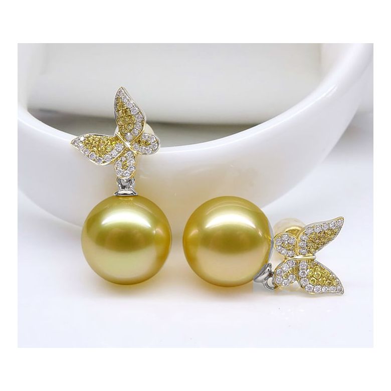 Orecchini Farfalla - Perle dei Mari del Sud Dorate, Oro Bianco - 6