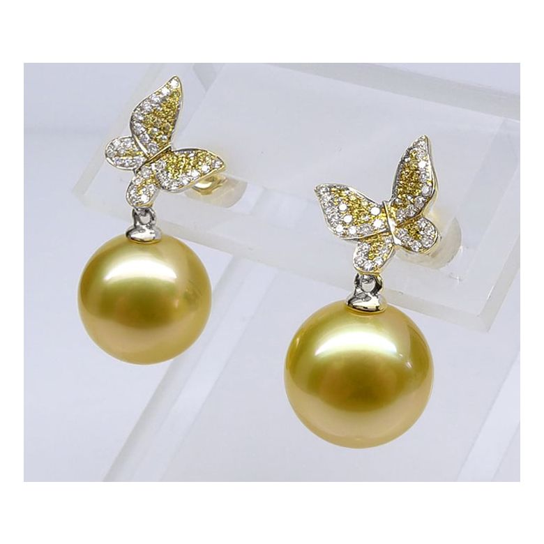 Orecchini Farfalla - Perle dei Mari del Sud Dorate, Oro Bianco - 7