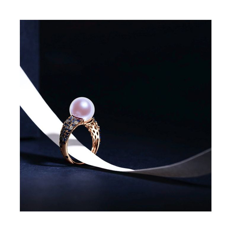 Anello L'Enchanteur - Oro Rosa, Zaffiri, Diamanti & Perla d'Acqua Dolce - 8