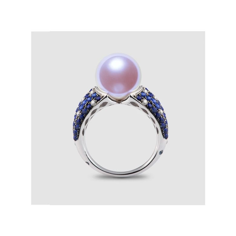 Anello L'Enchanteur - Oro Bianco, Zaffiri, Diamanti & Perla d'Acqua Dolce - 2
