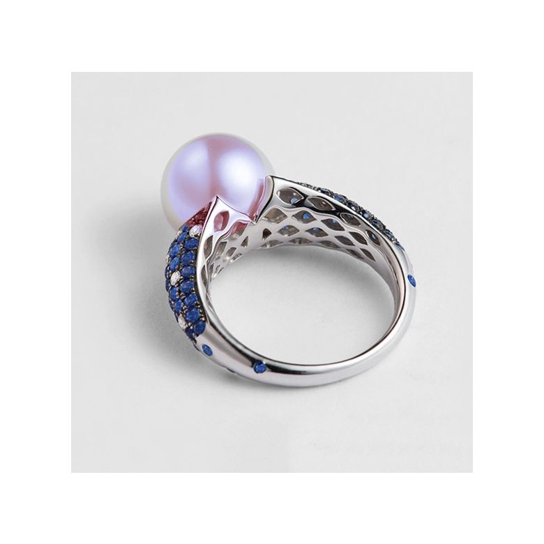 Anello L'Enchanteur - Oro Bianco, Zaffiri, Diamanti & Perla d'Acqua Dolce - 3