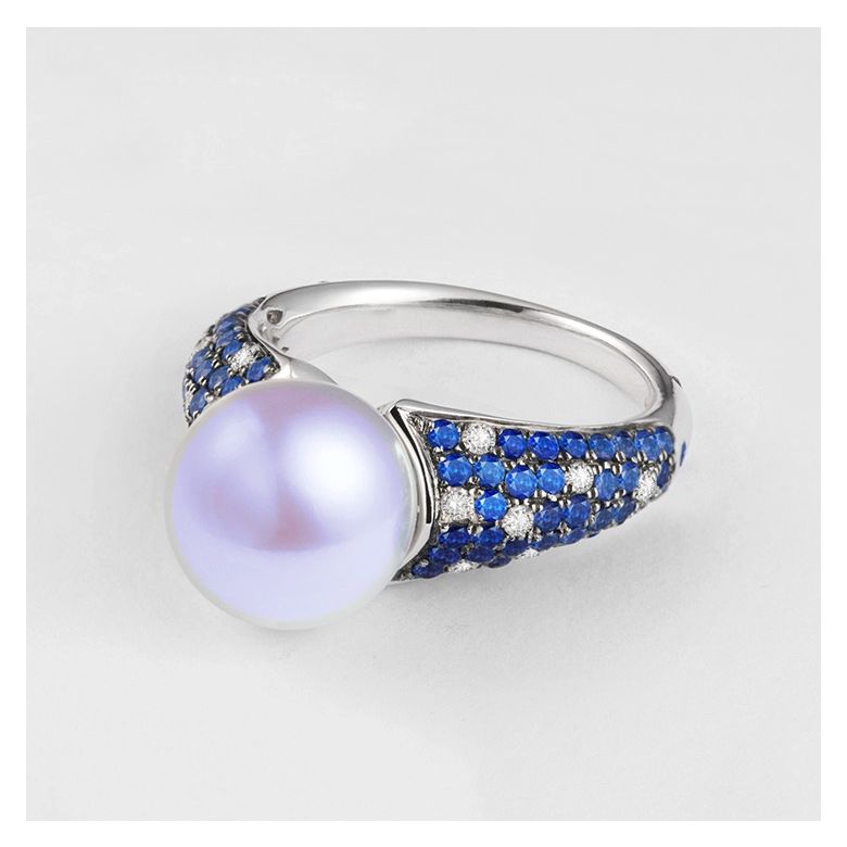 Anello L'Enchanteur - Oro Bianco, Zaffiri, Diamanti & Perla d'Acqua Dolce - 5