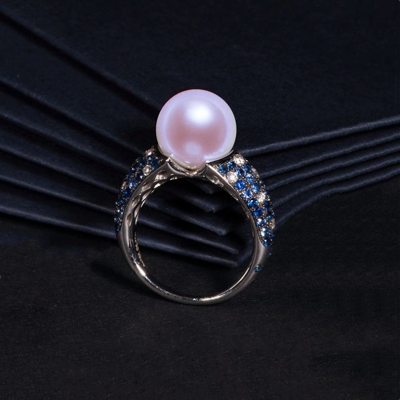 Anello L'Enchanteur - Oro Bianco, Zaffiri, Diamanti & Perla d'Acqua Dolce - 7