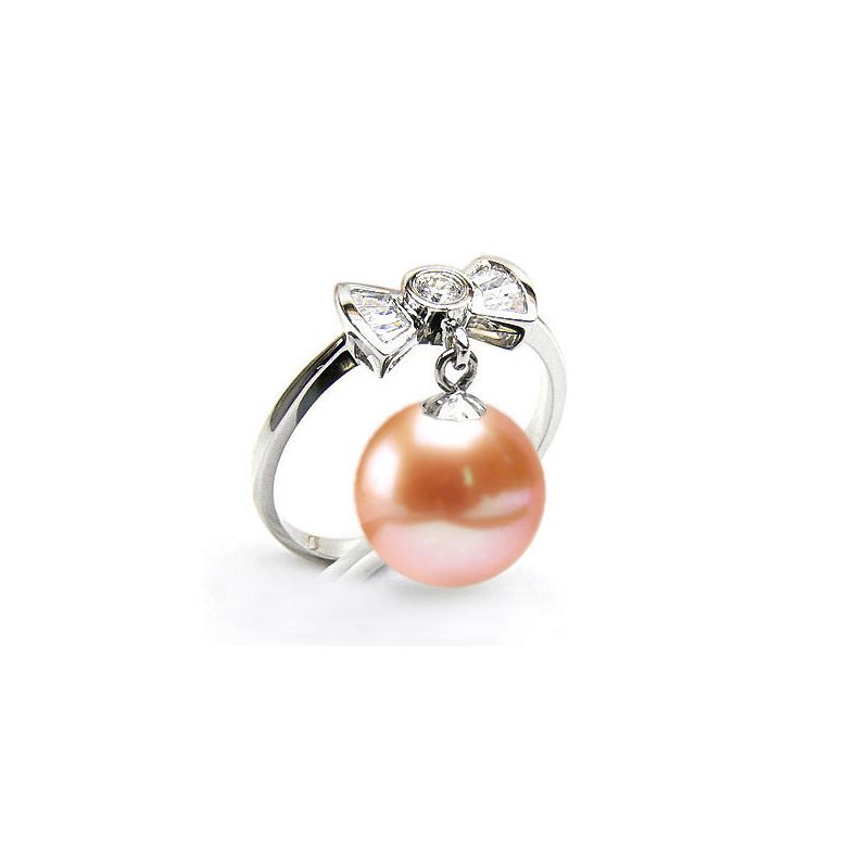Anello Nodo Farfalla - Oro Bianco 18kt, Diamanti e Perla d'Acqua Dolce - 2