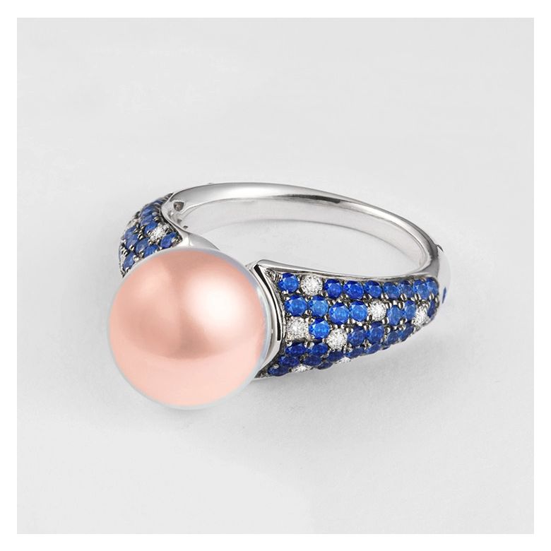 Anello L'Enchanteur - Oro Bianco, Zaffiri, Diamanti & Perla d'Acqua Dolce - 4
