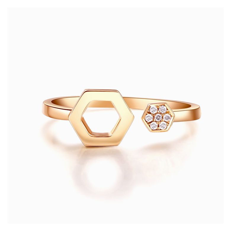 Anello ouverte hexagone. Oro giallo 18cts, diamanti 0.030ct - 5