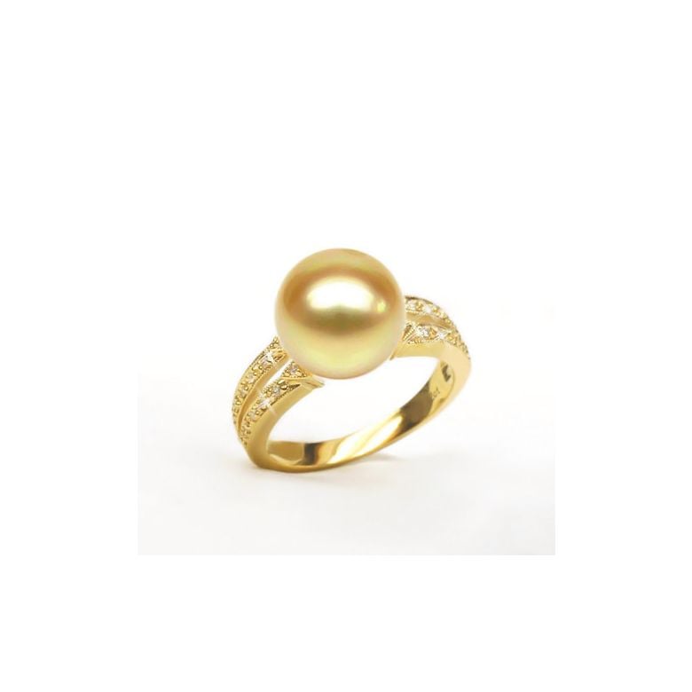 Anello oro giallo, diamanti - Perla d'Australia dorata, gold - 10/11mm - 4