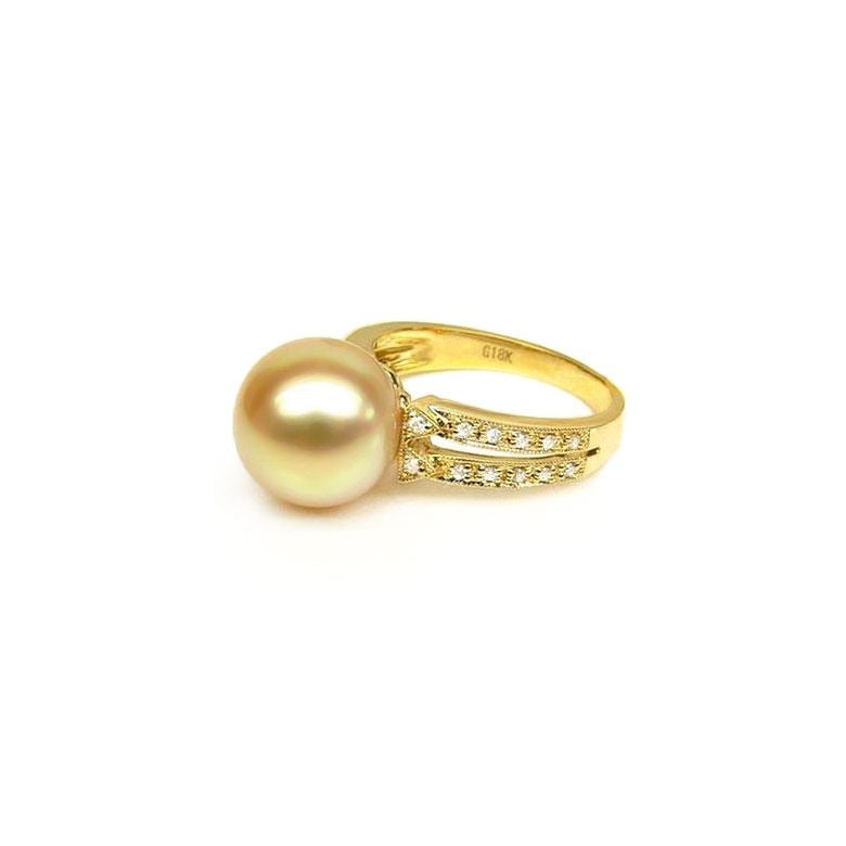 Anello oro giallo, diamanti - Perla d'Australia dorata, gold - 10/11mm - 3