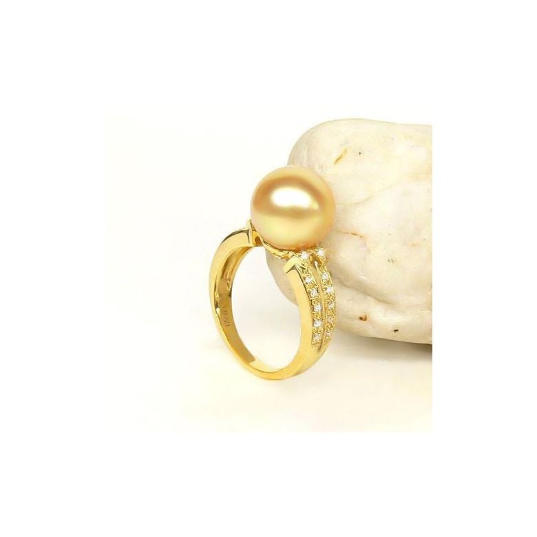 Anello oro giallo, diamanti - Perla d'Australia dorata, gold - 10/11mm - 5