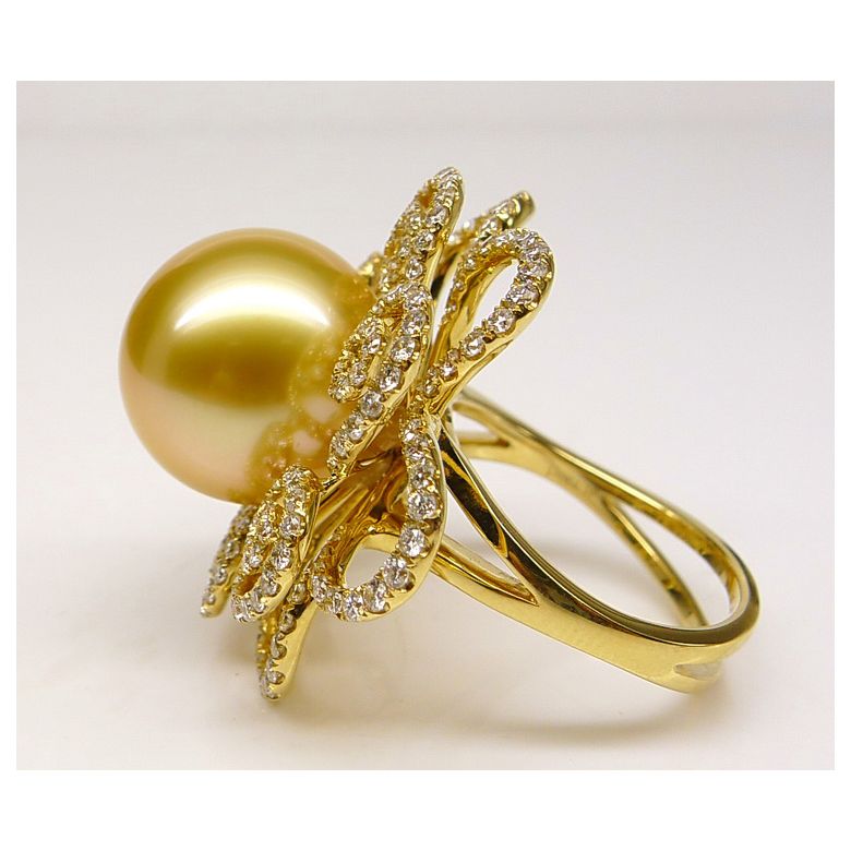 Anello Exubérante - Perla dei Mari del Sud Dorata e Oro Giallo - 6