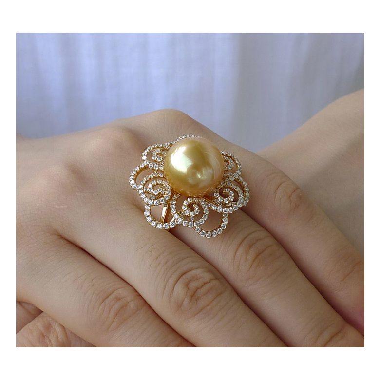 Anello Exubérante - Perla dei Mari del Sud Dorata e Oro Giallo - 7