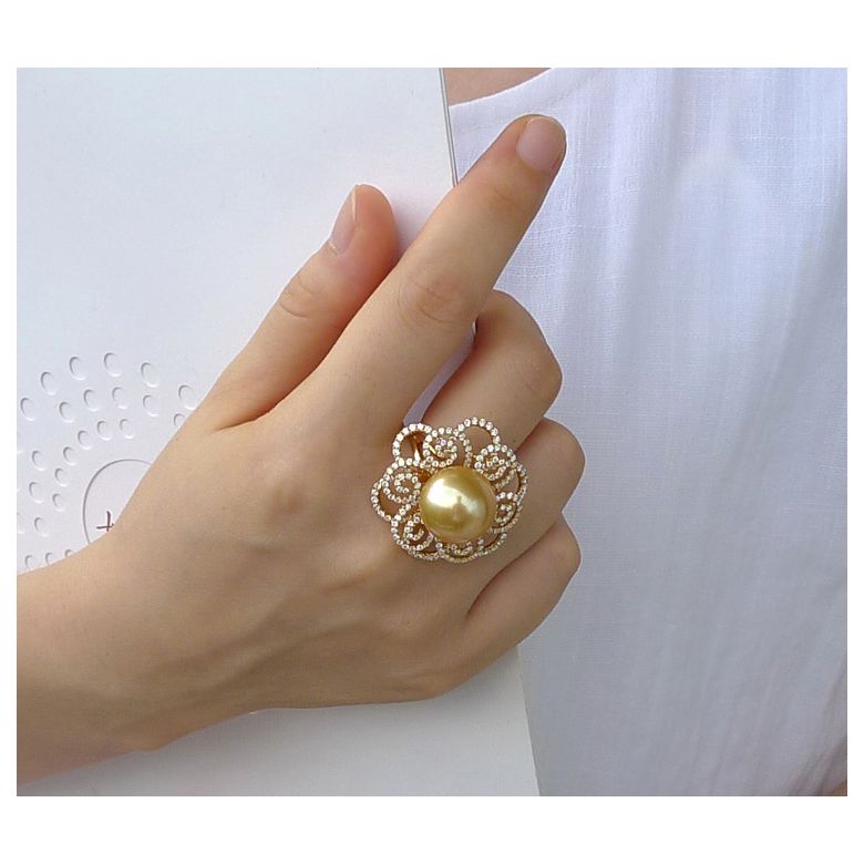 Anello Exubérante - Perla dei Mari del Sud Dorata e Oro Giallo - 3