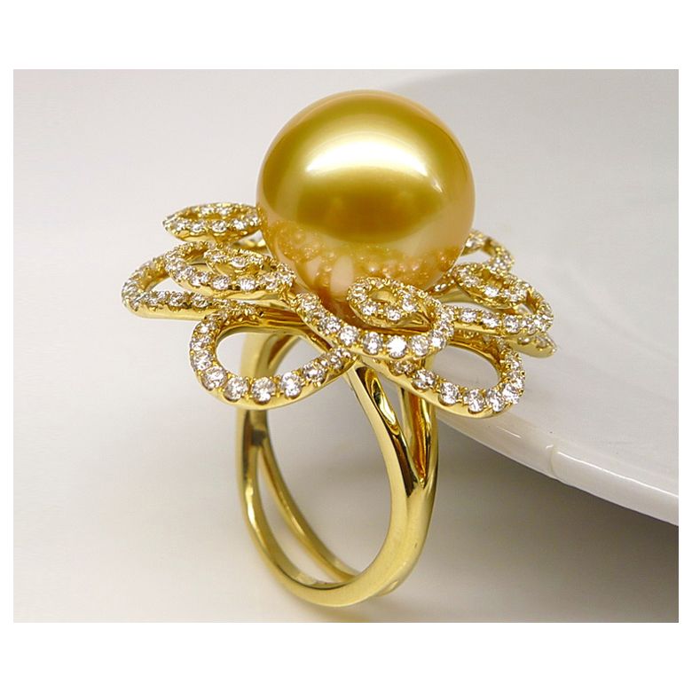 Anello Exubérante - Perla dei Mari del Sud Dorata e Oro Giallo - 4