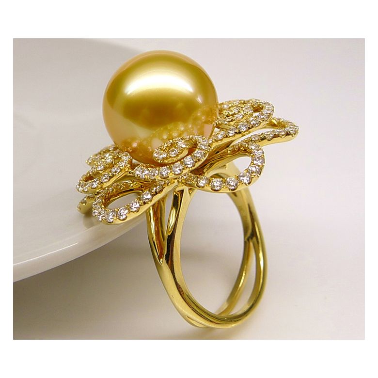 Anello Exubérante - Perla dei Mari del Sud Dorata e Oro Giallo - 5