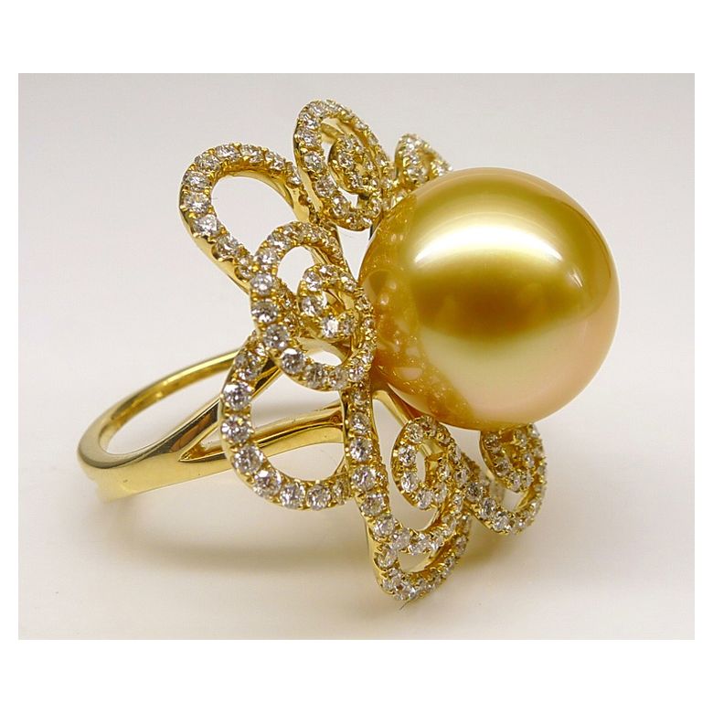Anello Exubérante - Perla dei Mari del Sud Dorata e Oro Giallo - 2