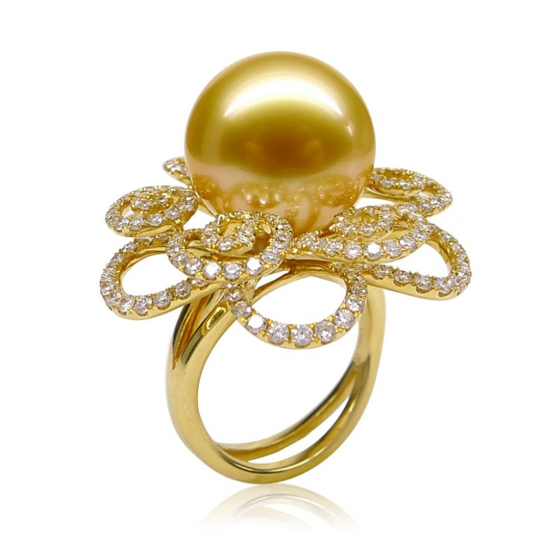 Anello Exubérante - Perla dei Mari del Sud Dorata e Oro Giallo - 1