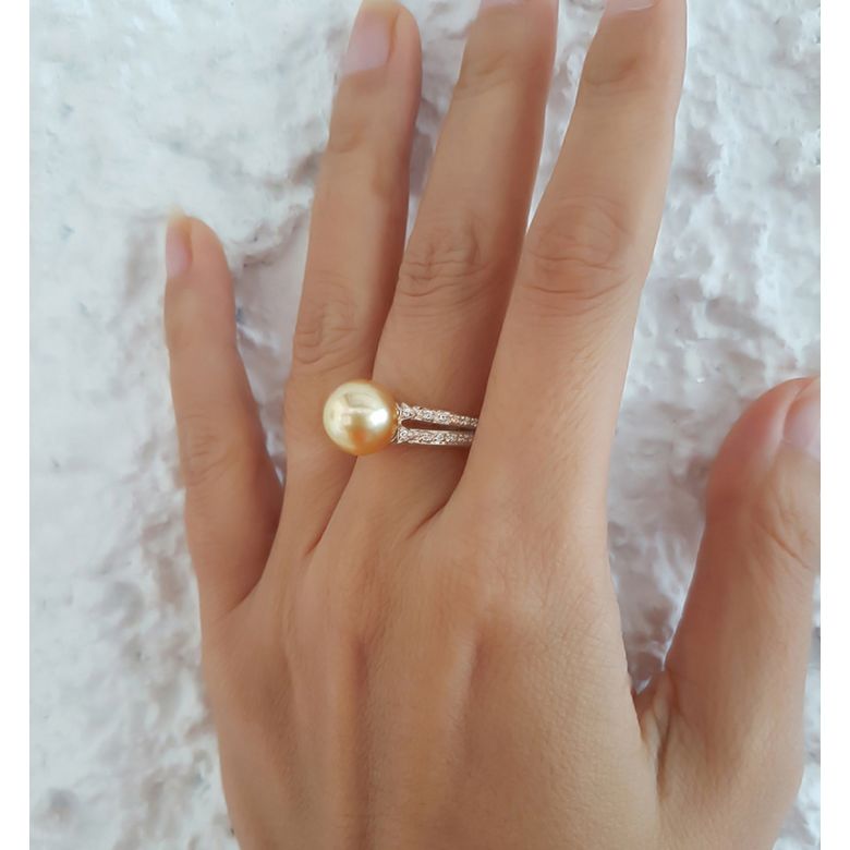 Anello oro rosa, diamanti - Perla d'Australia dorata, gold - 10/11mm - 8