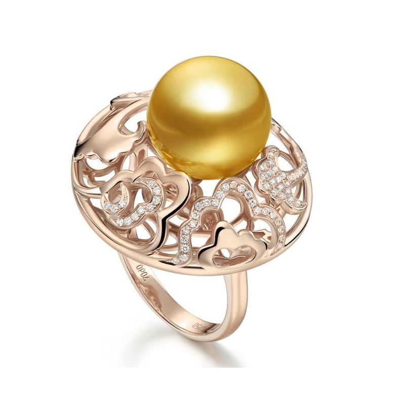 Anello Pivoine - Perla dei Mari del Sud Dorata e Oro Rosa - 1