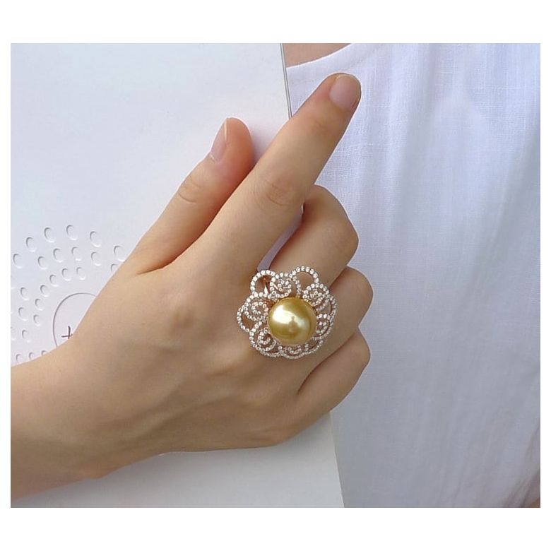 Anello Exubérante - Perla dei Mari del Sud Dorata e Oro Rosa - 3