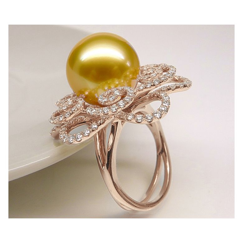 Anello Exubérante - Perla dei Mari del Sud Dorata e Oro Rosa - 5