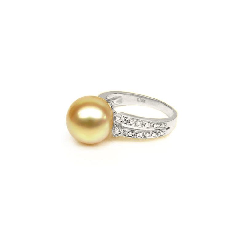 Anello oro bianco, diamanti - Perla d'Australia dorata, gold - 10/11mm - 3