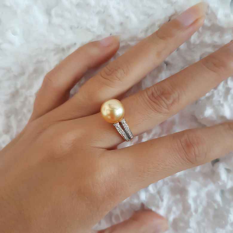 Anello oro bianco, diamanti - Perla d'Australia dorata, gold - 10/11mm - 2