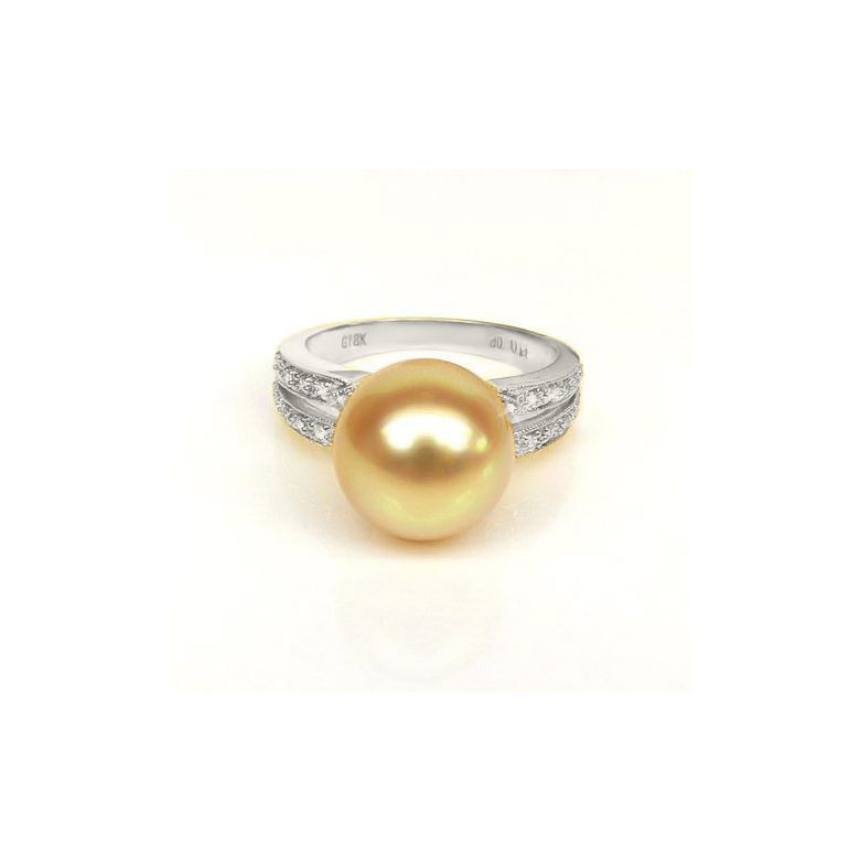 Anello oro bianco, diamanti - Perla d'Australia dorata, gold - 10/11mm - 1