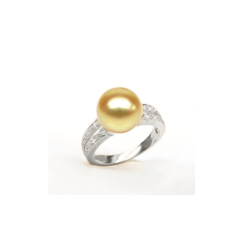 Anello oro bianco, diamanti - Perla d'Australia dorata, gold - 10/11mm - 4