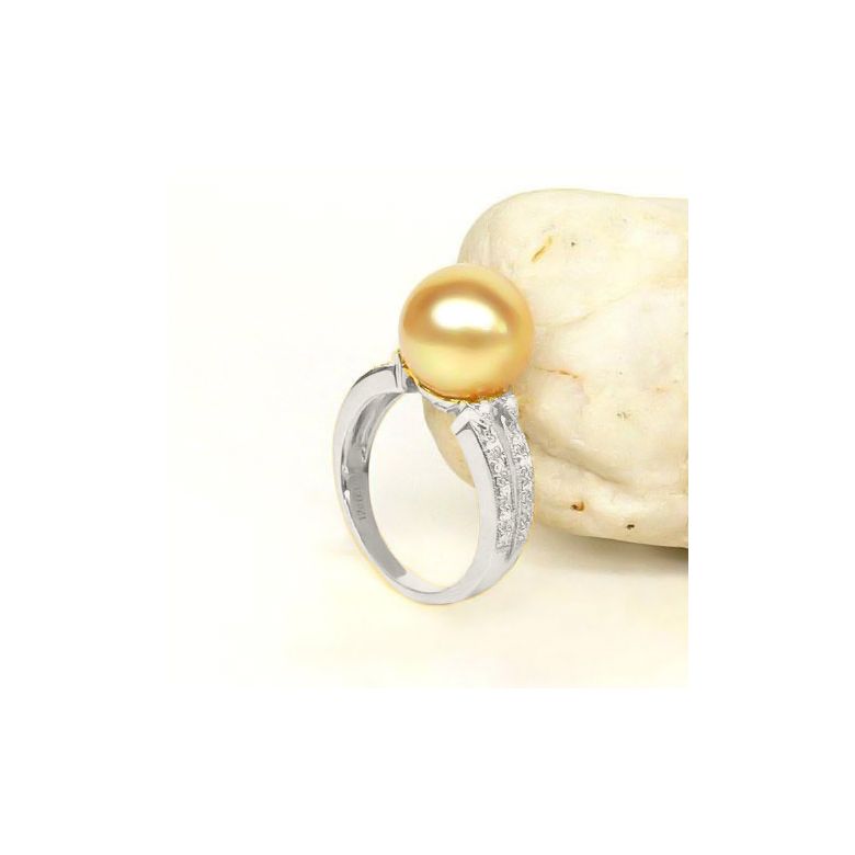 Anello oro bianco, diamanti - Perla d'Australia dorata, gold - 10/11mm - 5