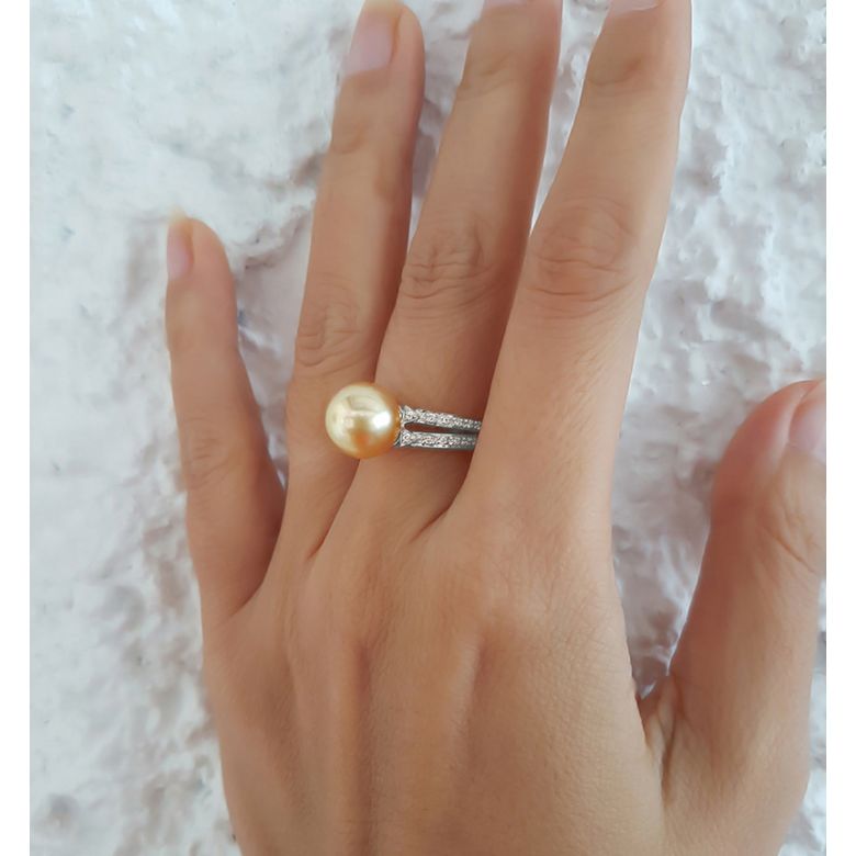 Anello oro bianco, diamanti - Perla d'Australia dorata, gold - 10/11mm - 8