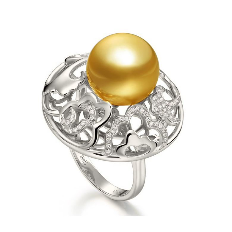 Anello Pivoine - Perla dei Mari del Sud Dorata e Oro Bianco - 1