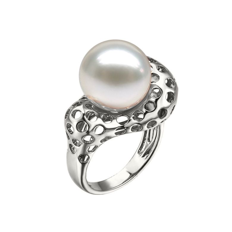 Anello Corallo - Perla dei Mari del Sud Bianca e Oro Bianco - 2