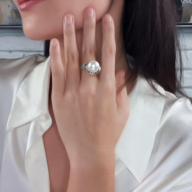 Anello Corallo - Perla dei Mari del Sud Bianca e Oro Bianco - 7