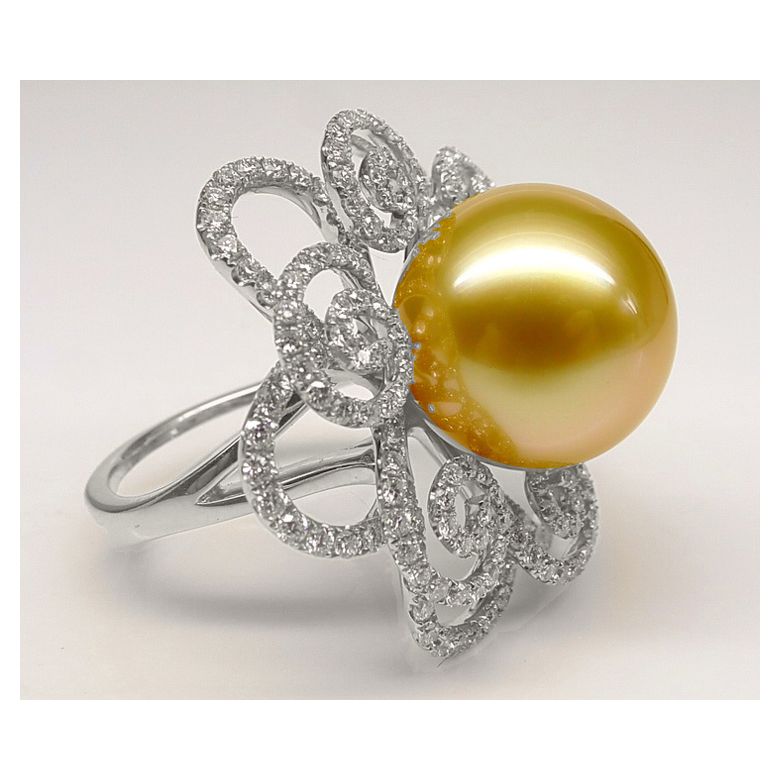 Anello Exubérante - Perla dei Mari del Sud Dorata e Oro Bianco - 2