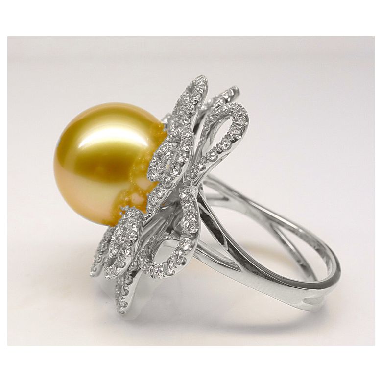 Anello Exubérante - Perla dei Mari del Sud Dorata e Oro Bianco - 6