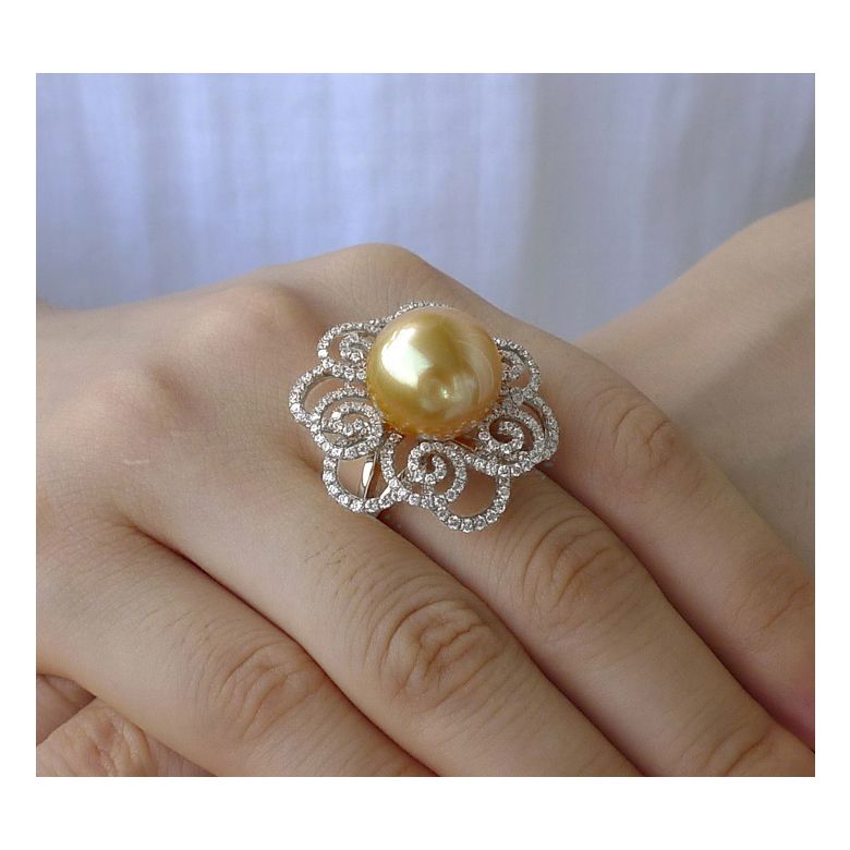 Anello Exubérante - Perla dei Mari del Sud Dorata e Oro Bianco - 7