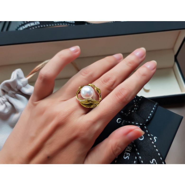 Anello Lotus - Perla dei Mari del Sud Bianca e Oro Giallo - 6