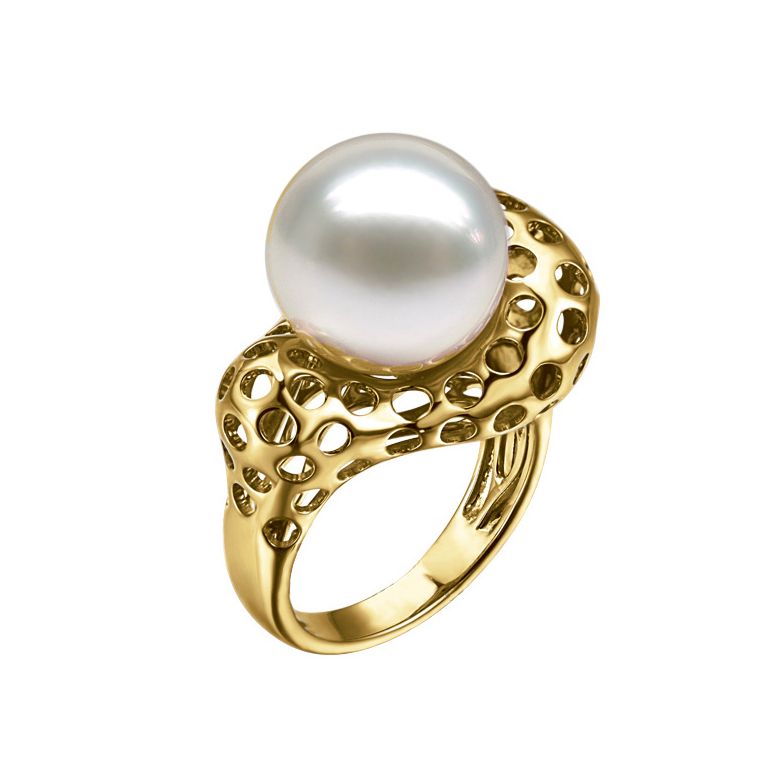 Anello Corallo - Perla dei Mari del Sud Bianca e Oro Giallo - 2