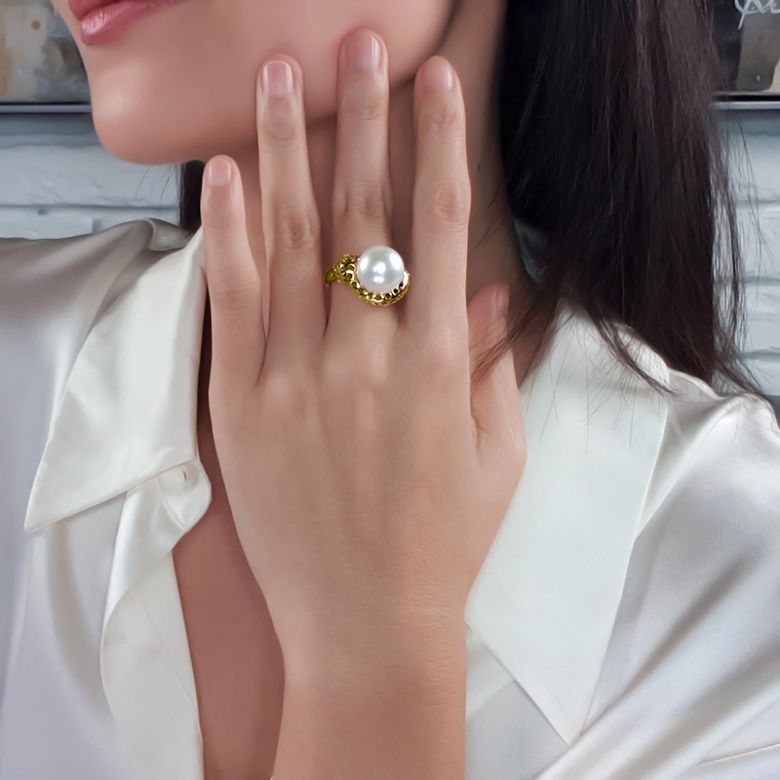 Anello Corallo - Perla dei Mari del Sud Bianca e Oro Giallo - 7