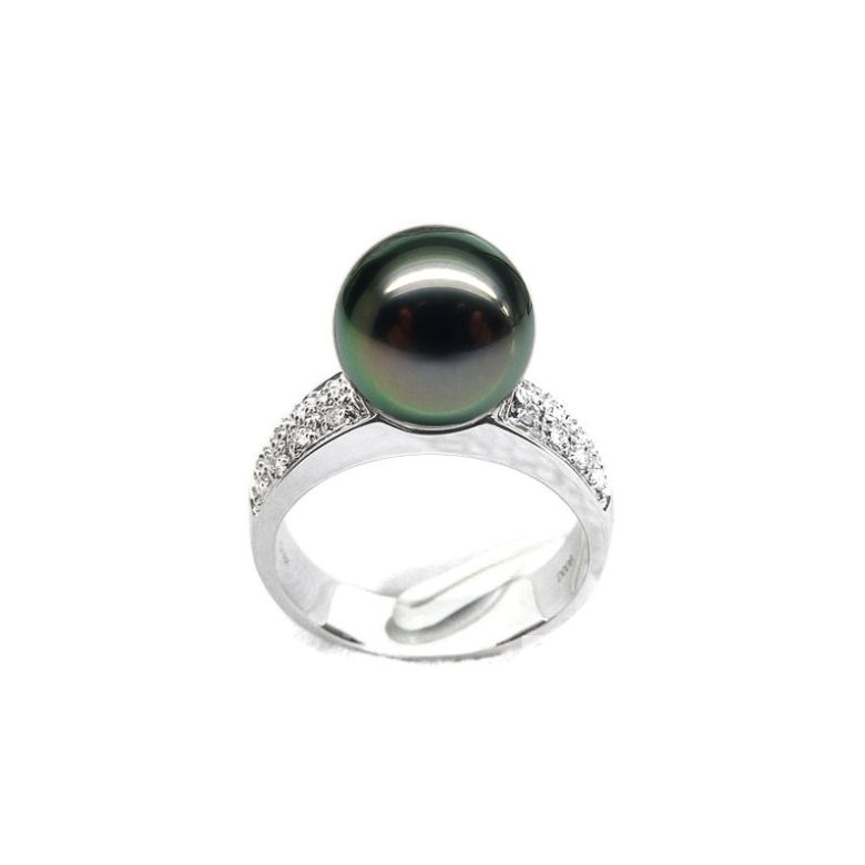Anello Classico - Oro Bianco, Diamanti e Perla di Tahiti - 3