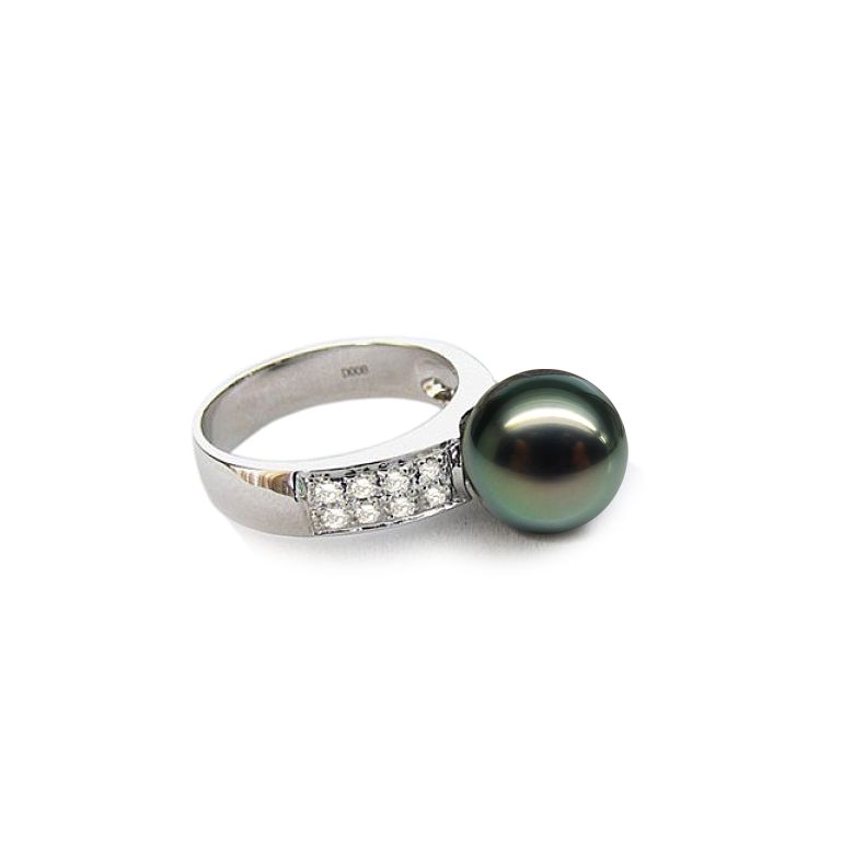Anello Classico - Oro Bianco, Diamanti e Perla di Tahiti - 1