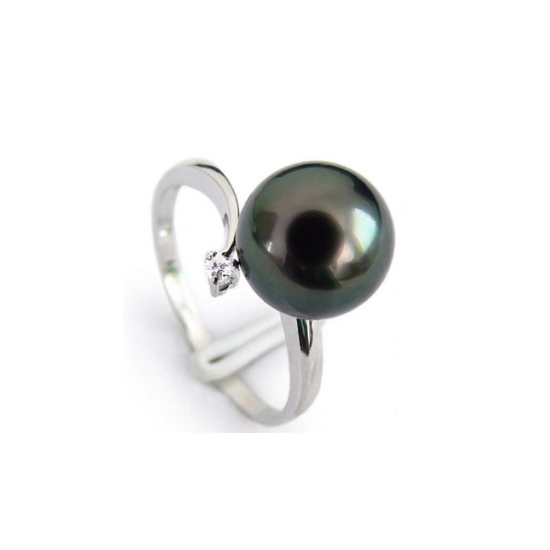 Anello Îles Gambier - Oro Bianco, Diamante e Perla di Tahiti - 1