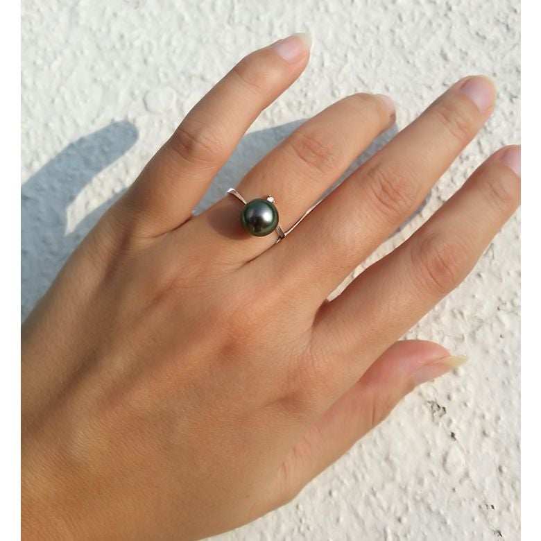 Anello Îles Gambier - Oro Bianco, Diamante e Perla di Tahiti - 3
